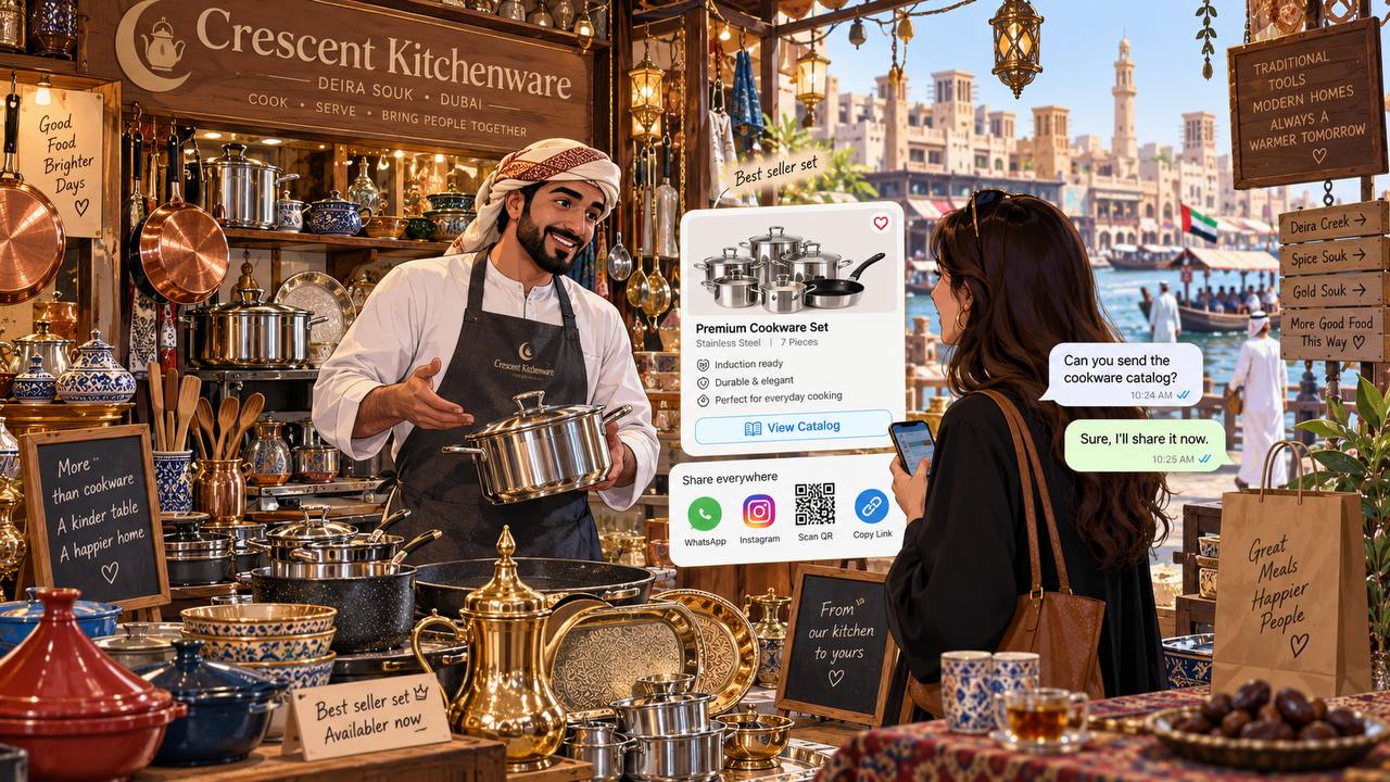 A kitchenware shop owner sharing a product catalog card with a customer over WhatsApp