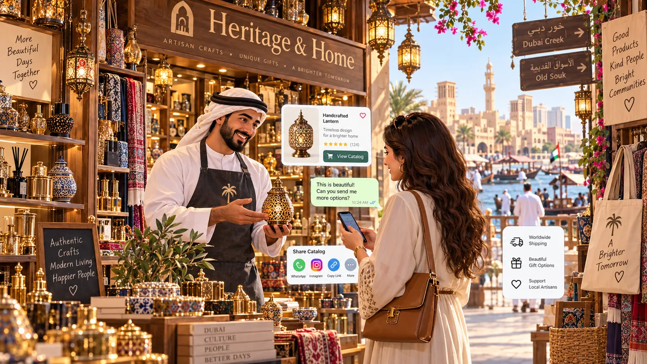 A Dubai gift shop owner sharing a catalog with a customer over WhatsApp using Abanro