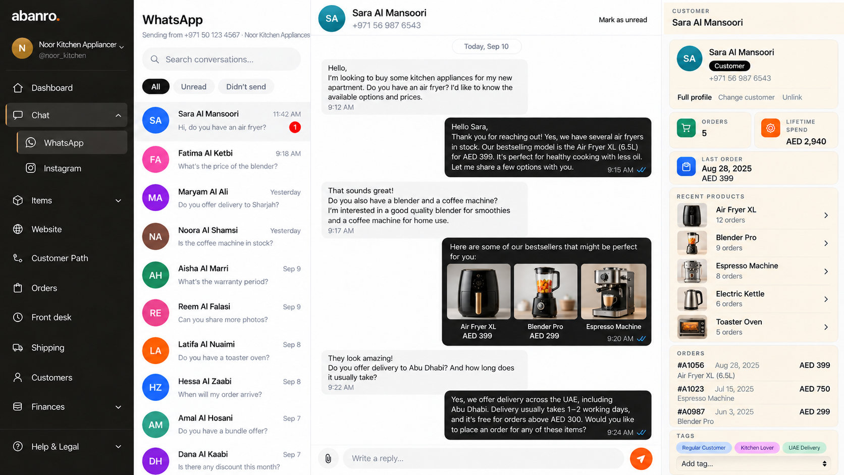 Abanro WhatsApp inbox showing a live customer chat next to the customer's full profile, past orders and lifetime spend