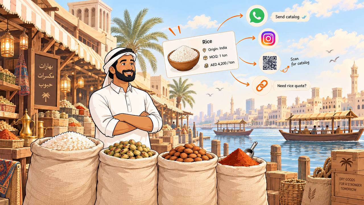 A dry goods trader sharing a rice product card with origin, MOQ and price per ton over WhatsApp using Abanro