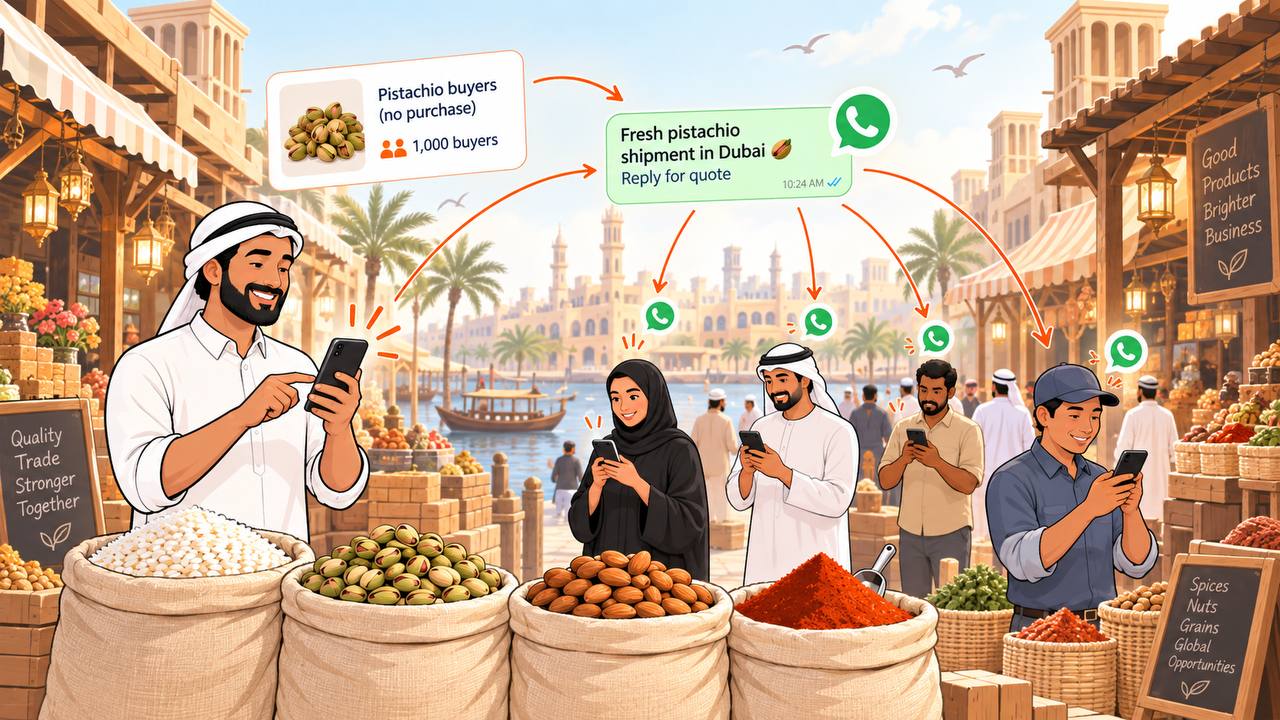 A food wholesaler sending a new shipment announcement to a broadcast of pistachio buyers over WhatsApp
