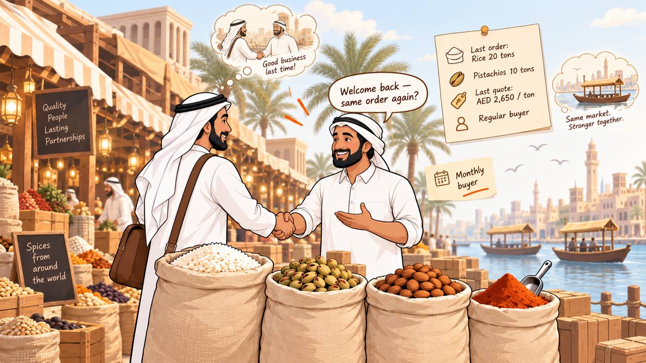 Two traders shaking hands with the buyer's last order, tonnage and last quoted price shown alongside