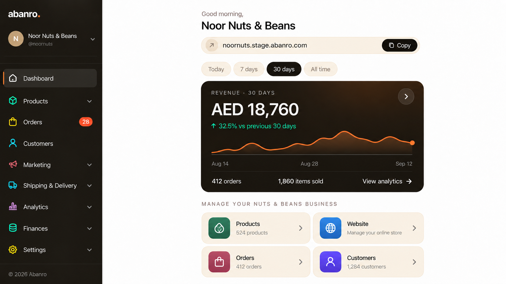 Abanro dashboard showing 30-day revenue, orders and items sold, with shortcuts to products, website, orders and customers