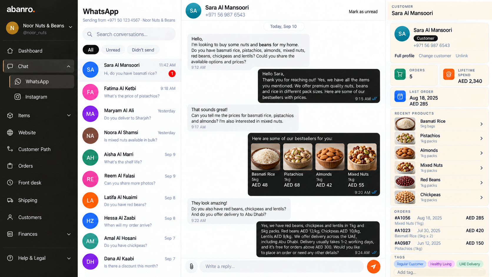 Abanro WhatsApp inbox showing a live customer chat next to the customer's full profile, past orders and lifetime spend