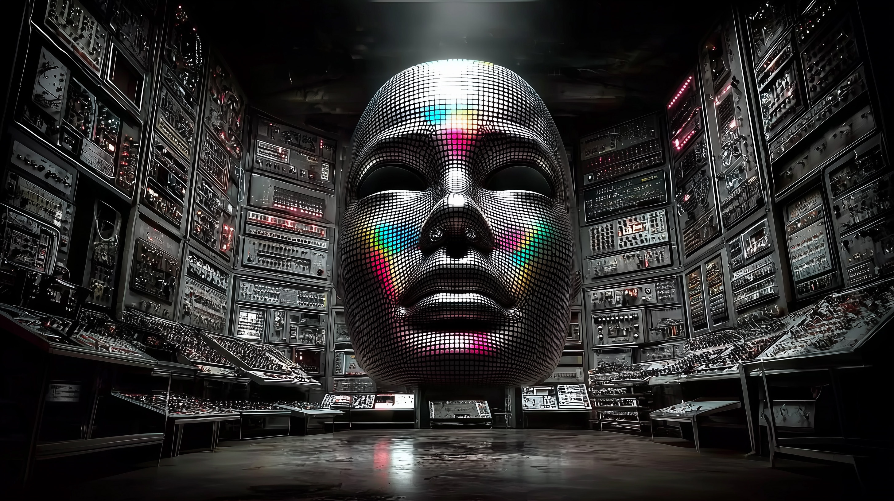 Giant robotic face floating in the middle of retro tech room