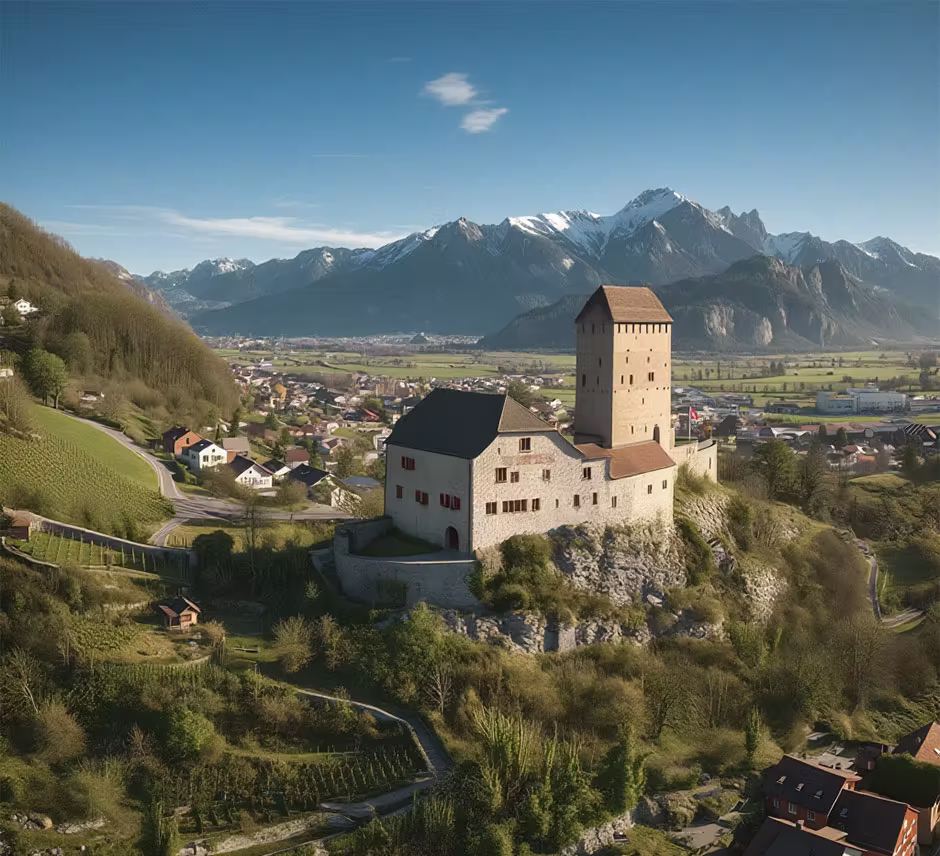 Griffin Group Standort Schweiz – Luftaufnahme mit historischem Schloss und Alpenpanorama.