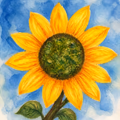 Bright watercolour sunflower against a blue sky — uplifting expressive arts therapy artwork by Ewa