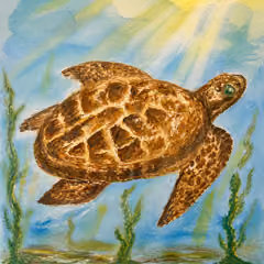 Watercolour painting of a sea turtle swimming through sunlit ocean water — creative arts counselling artwork by Ewa