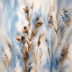 Calming blue and brown watercolour painting of dried seed heads and wild grasses — expressive arts therapy artwork by Ewa