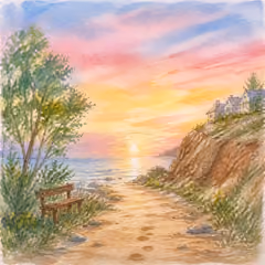 Peaceful watercolour of a coastal path and bench at sunset — calming therapeutic arts artwork by Ewa