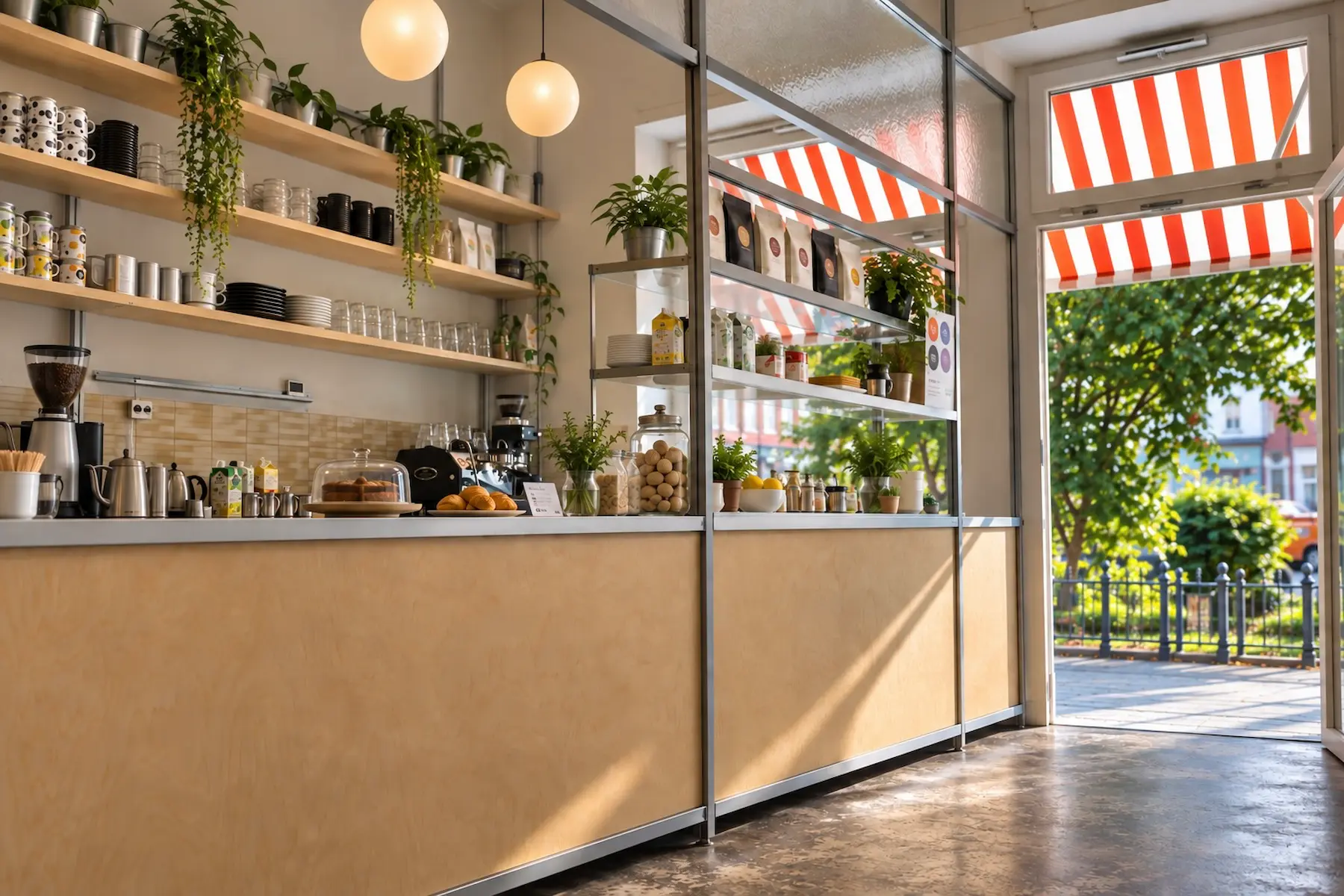 Gewerbefläche zur Miete mit Gastroausstattung, modernem Bar- und Thekenbereich und skandinavisch-minimalistischem Design.