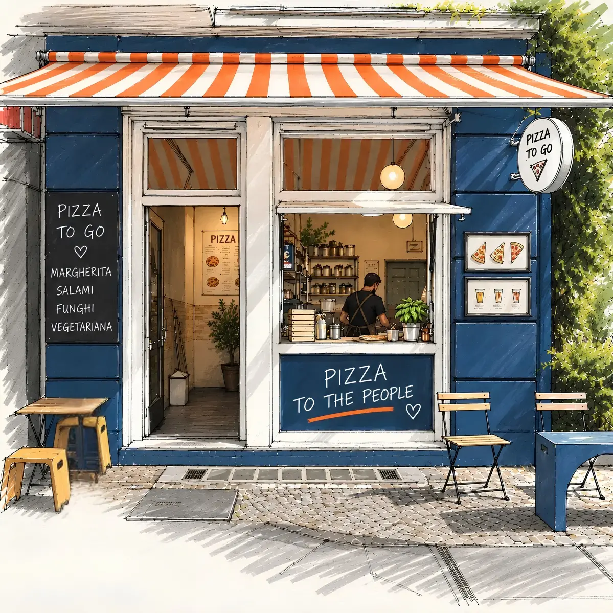 Konzeptskizze von Roland Lodr: mögliche Nutzung als Pizza-Take-away mit großem Ausgabefenster zur Straße.