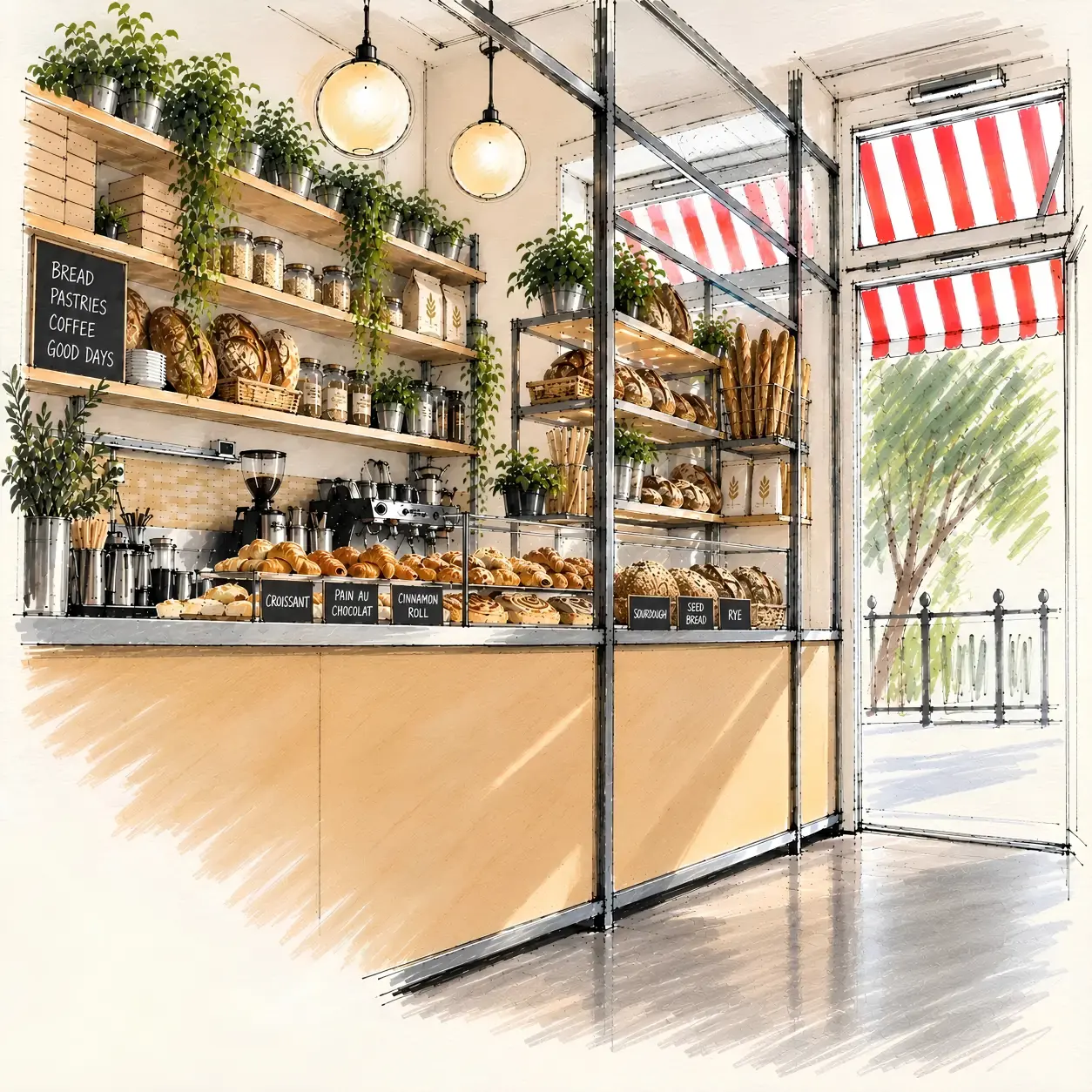 Konzeptskizze von Gast und Raum: mögliche Nutzung der Gastronomiefläche in Berlin-Kreuzberg als Bäckerei mit Verkaufstheke und Backwarenpräsentation.