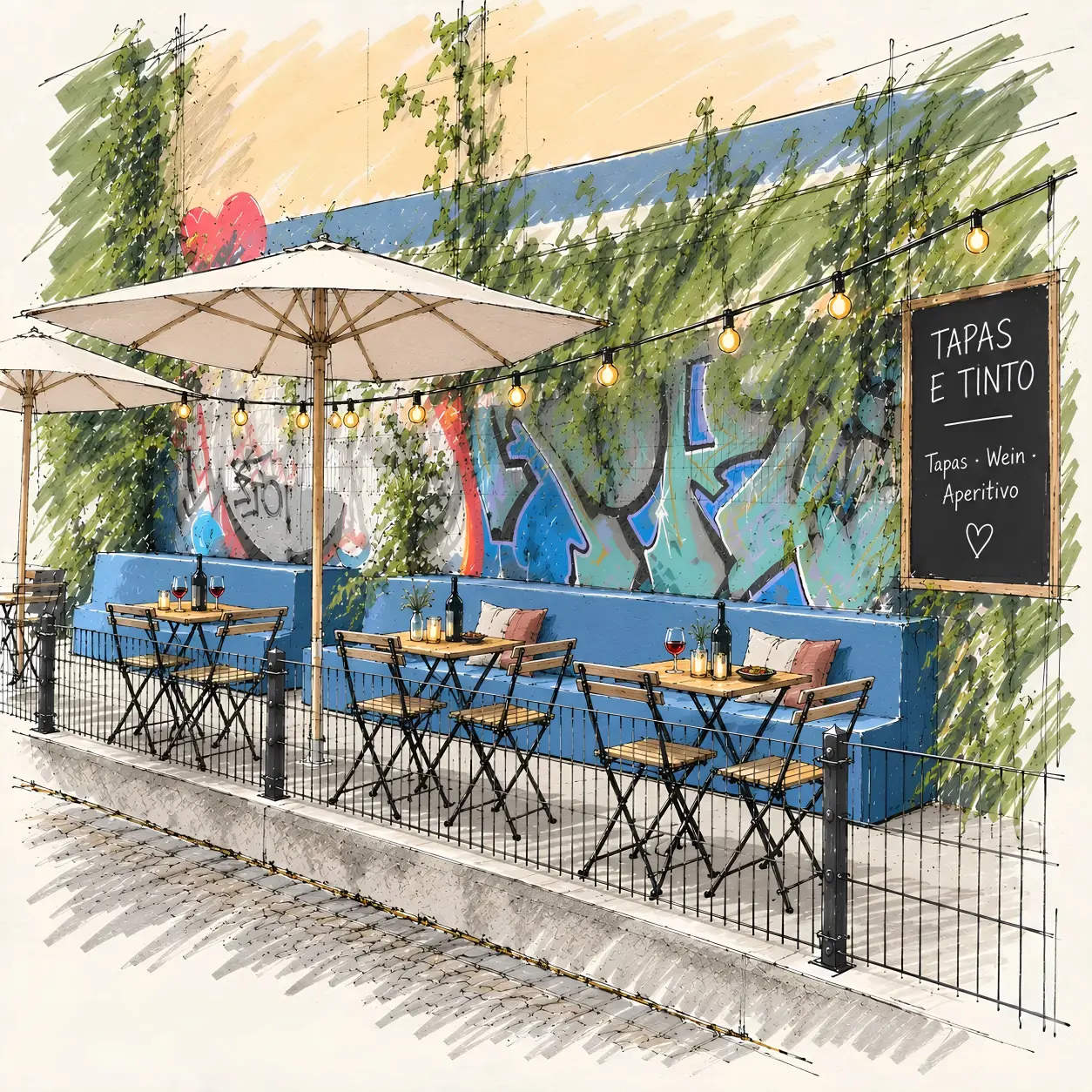 Konzeptskizze von Gast-und-Raum: mögliche Nutzung der Terrasse in Berlin-Kreuzberg als Tapas- und Weinbar mit großzügiger Außengastronomie.
