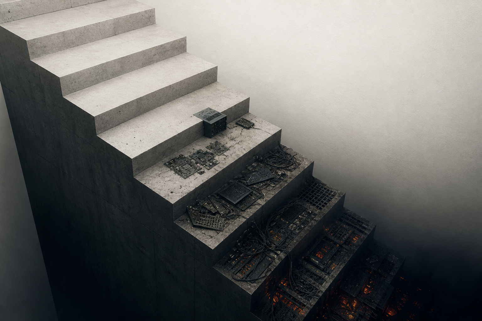 A descending staircase disappearing into a dark pit, shot in cream, navy, and amber light.
