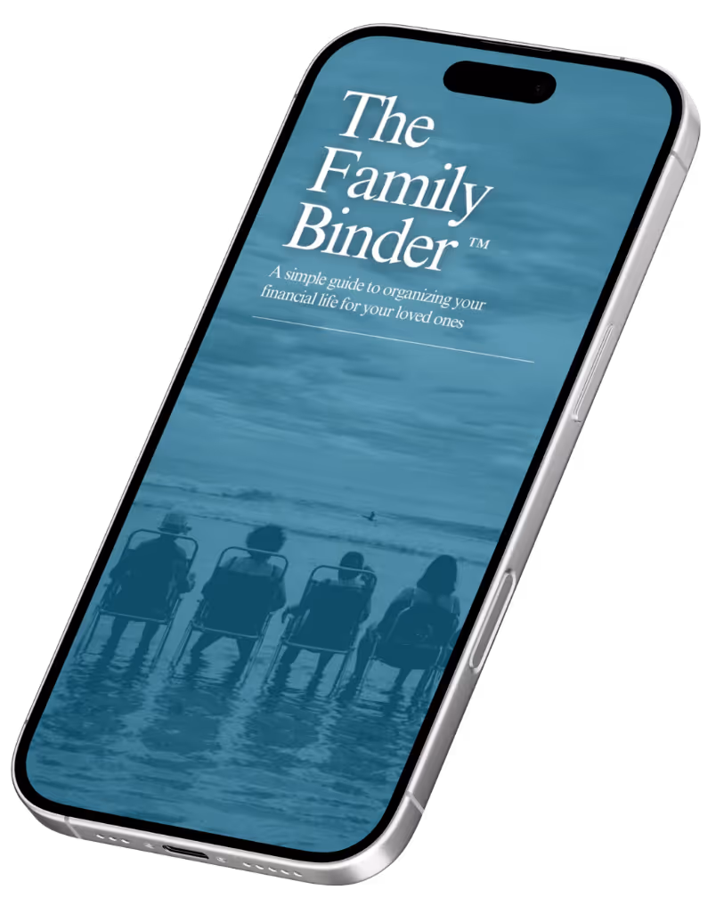 Smartphone screen displaying a book cover titled 'The Family Binder' with the subtitle 'A simple guide to organizing your financial life for your loved ones,' set against a background of four people sitting on chairs facing the ocean.