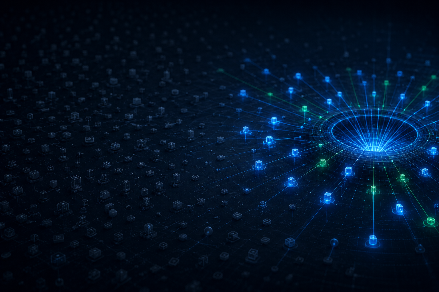 AI visibility network showing one illuminated recommendation hub among many unseen businesses