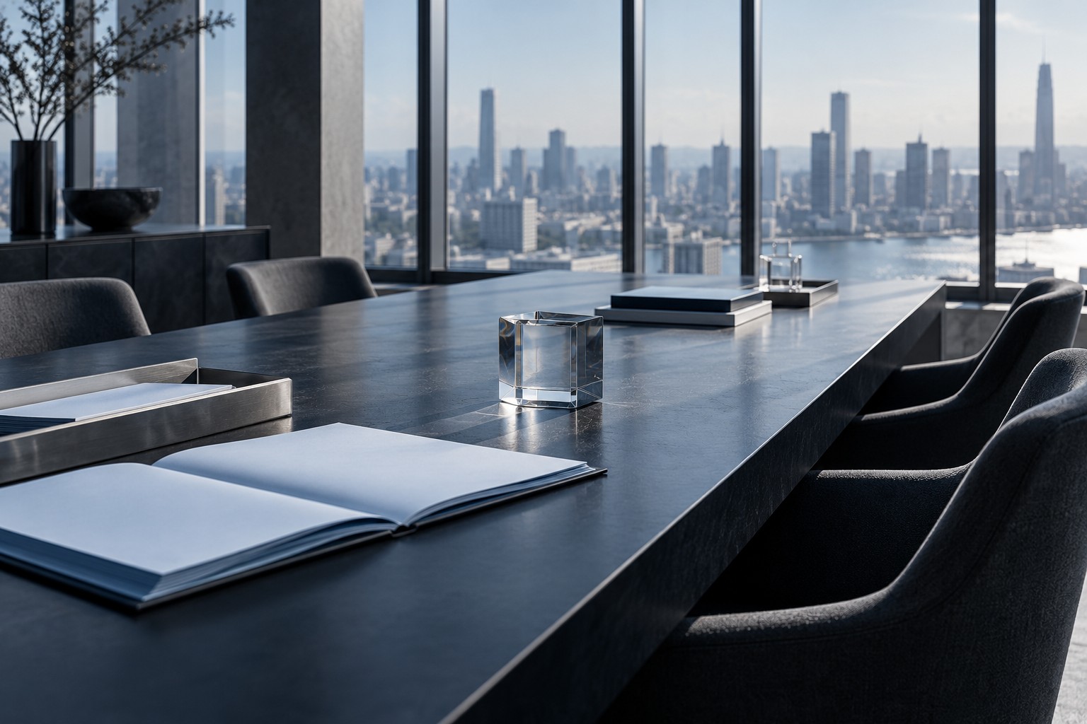 Concept artwork of an architectural advisory office with a navy table and a portfolio in cool daylight