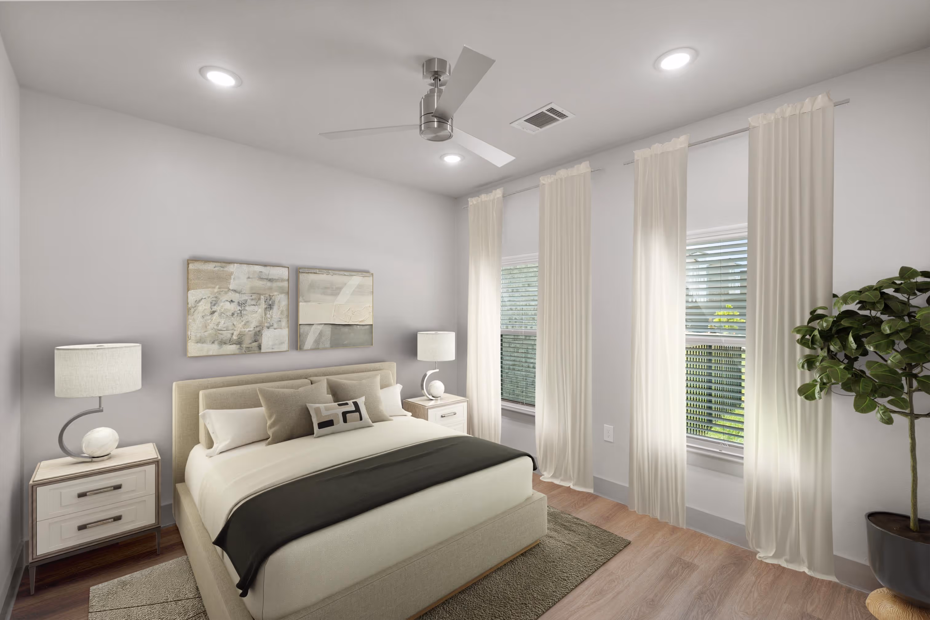 bedroom with large windows and plank flooring