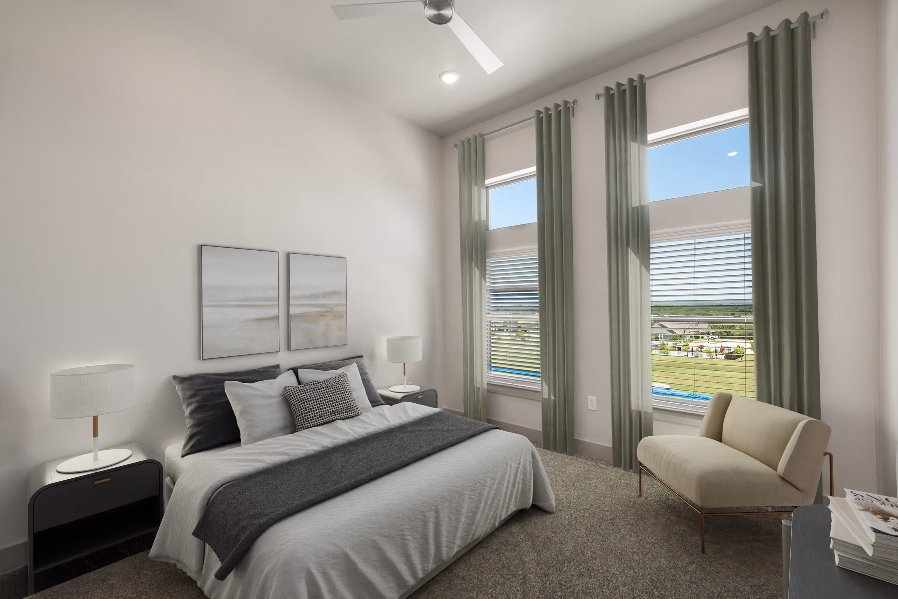 Carpeted bedroom with large windows