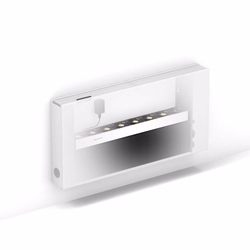 Moderne witte verwarmingselement met geïntegreerde ventilatoren en verlichte bedieningsknoppen.