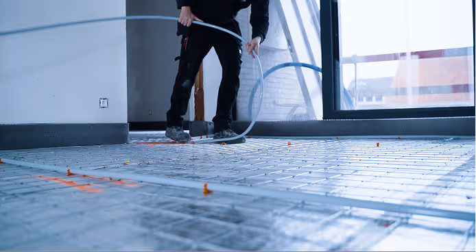 HVAC-installateur van Geoservices legt leidingen voor vloerverwarming aan in een nieuwbouwwoning