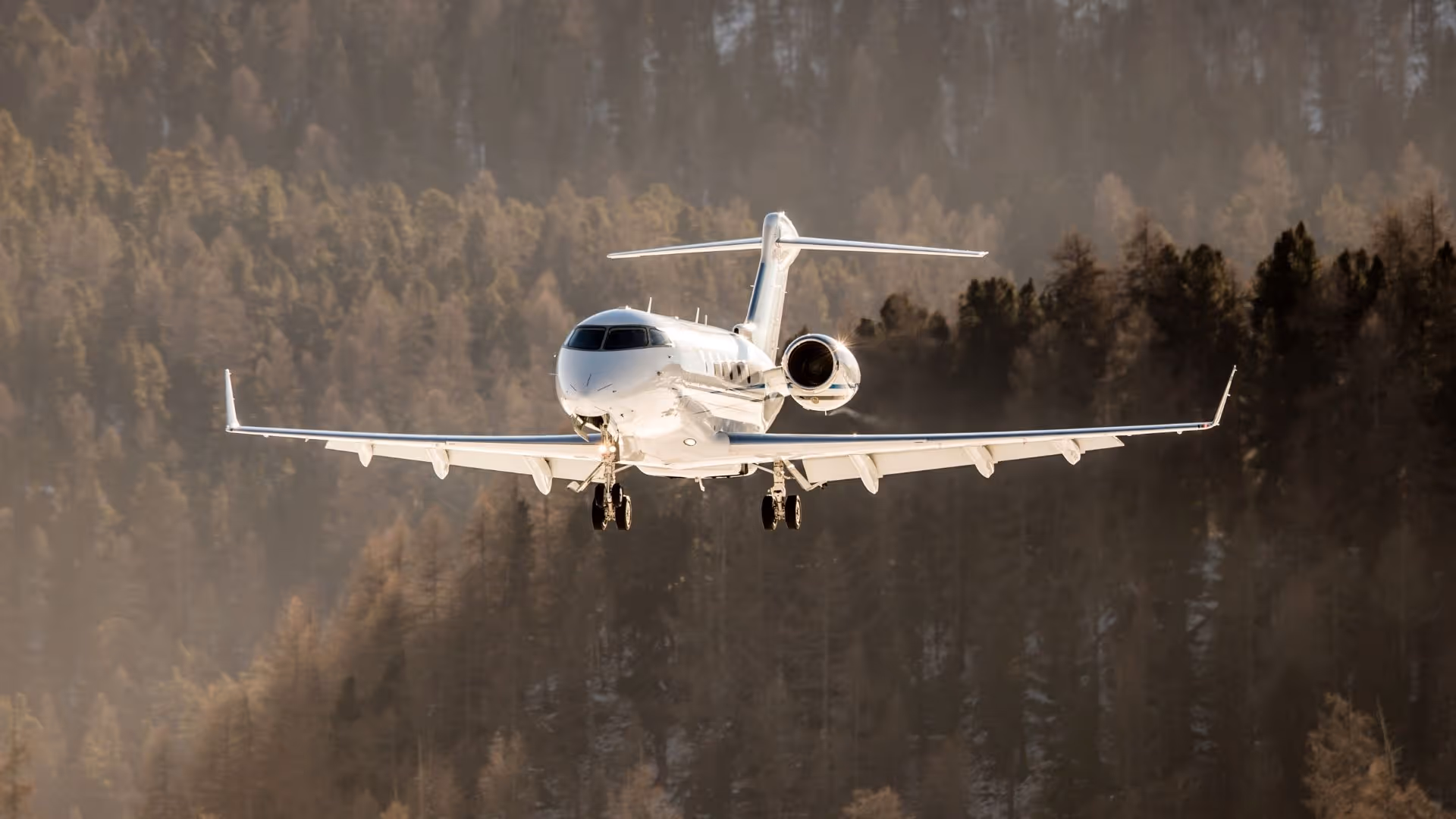 White private jet plane flying low with forested hills in the background.