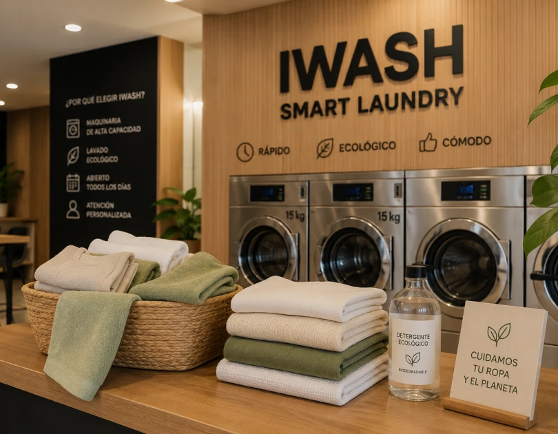 Interior de lavandería IWASH con ropa doblada, detergente ecológico y máquinas de 15 kg.