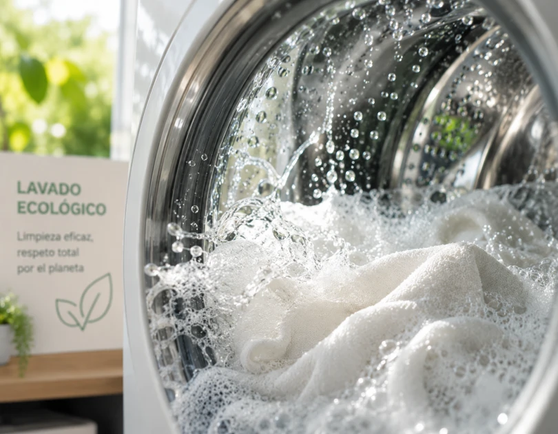 Lavadora con espuma y gotas de agua lavando una toalla blanca, con cartel de lavado ecológico al fondo
