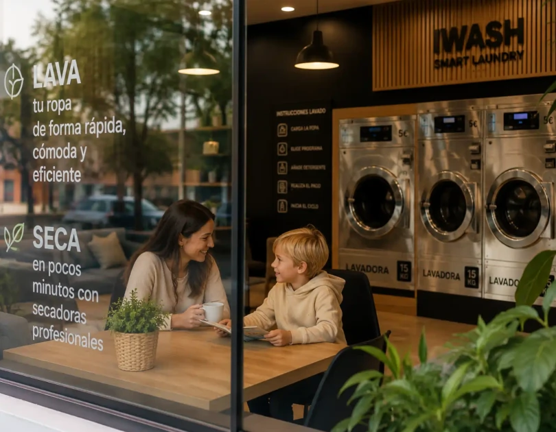 Mujer y niño sentados en mesa dentro de lavandería moderna con lavadoras y plantas.