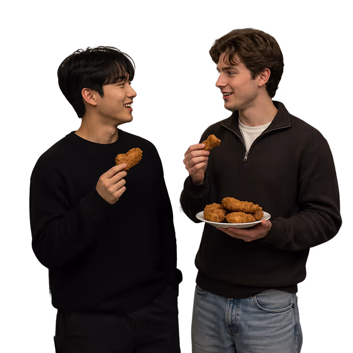 Two young men smiling and holding pieces of fried chicken, one holding a plate with more fried chicken.