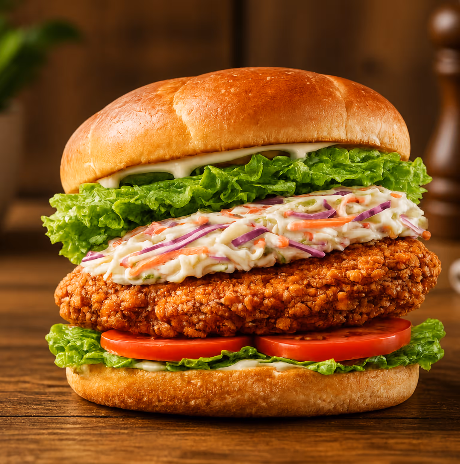 Crispy fried chicken sandwich with lettuce, tomato, slaw, and mayonnaise on a toasted bun.