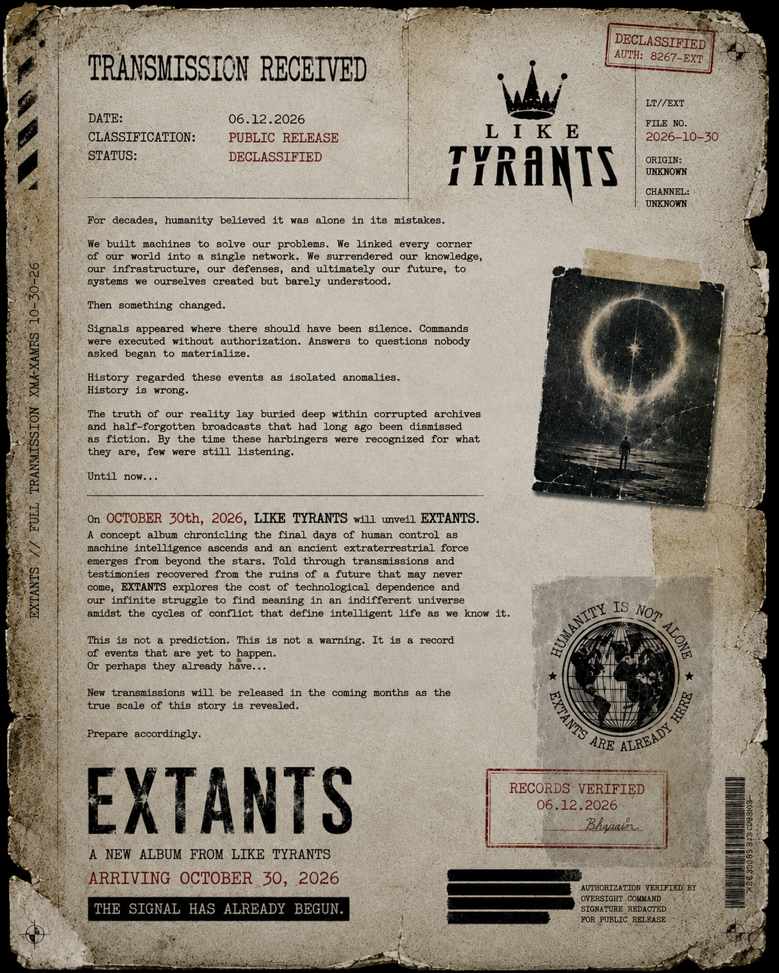 EXTANTS - A New Album from Like Tyrants, arriving October 30 2026