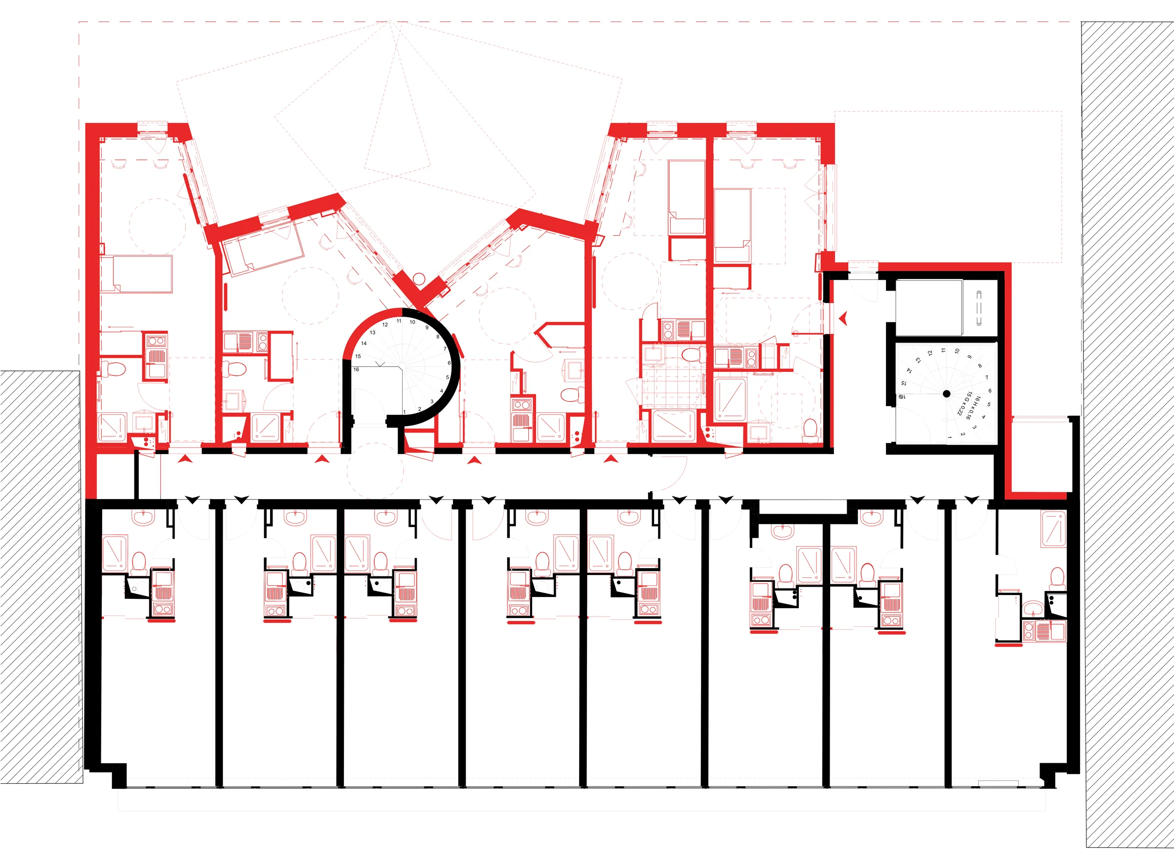 Plan d'étage courant — extension et réhabilitation d'un foyer de jeunes travailleurs, rue Haxo, Paris 20e