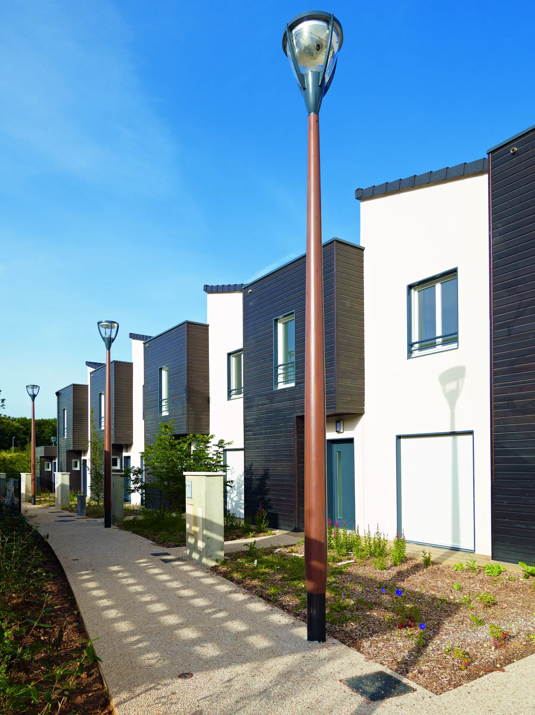 Vue de rue — création hors-site d'un écoquartier de 75 maisons de ville, Bois Plaisance, Vert-Saint-Denis (77)