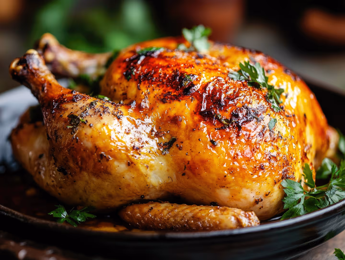 Close-up of a golden, roasted whole chicken garnished with fresh herbs on a dark plate.