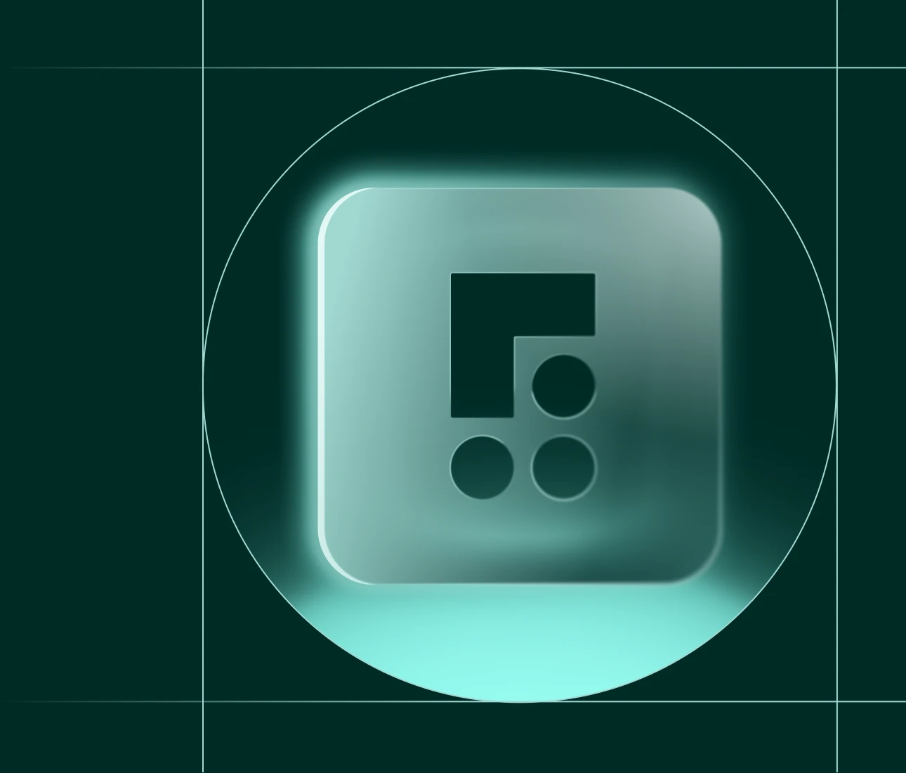 3D translucent square with dark geometric shapes inside on a dark green grid background.