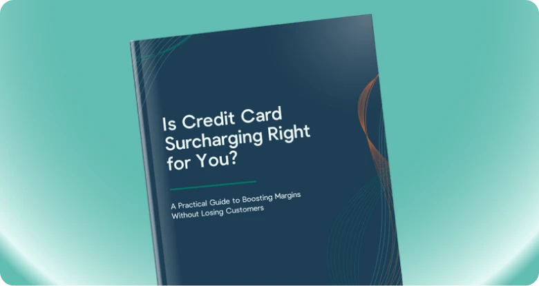 Book cover titled 'Is Credit Card Surcharging Right for You?' with subtitle about boosting margins.