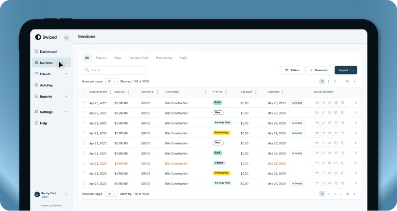 Invoice management screen showing list of invoices with statuses and options to filter, download, and import.