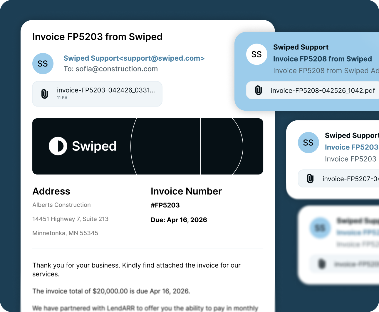 Screenshot of invoice email from Swiped to Alberts Construction with invoice number FP5203 and due date Apr 16, 2026.