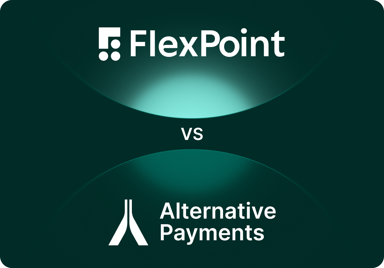 FlexPoint logo above versus with Alternative Payments logo below on a dark green background.