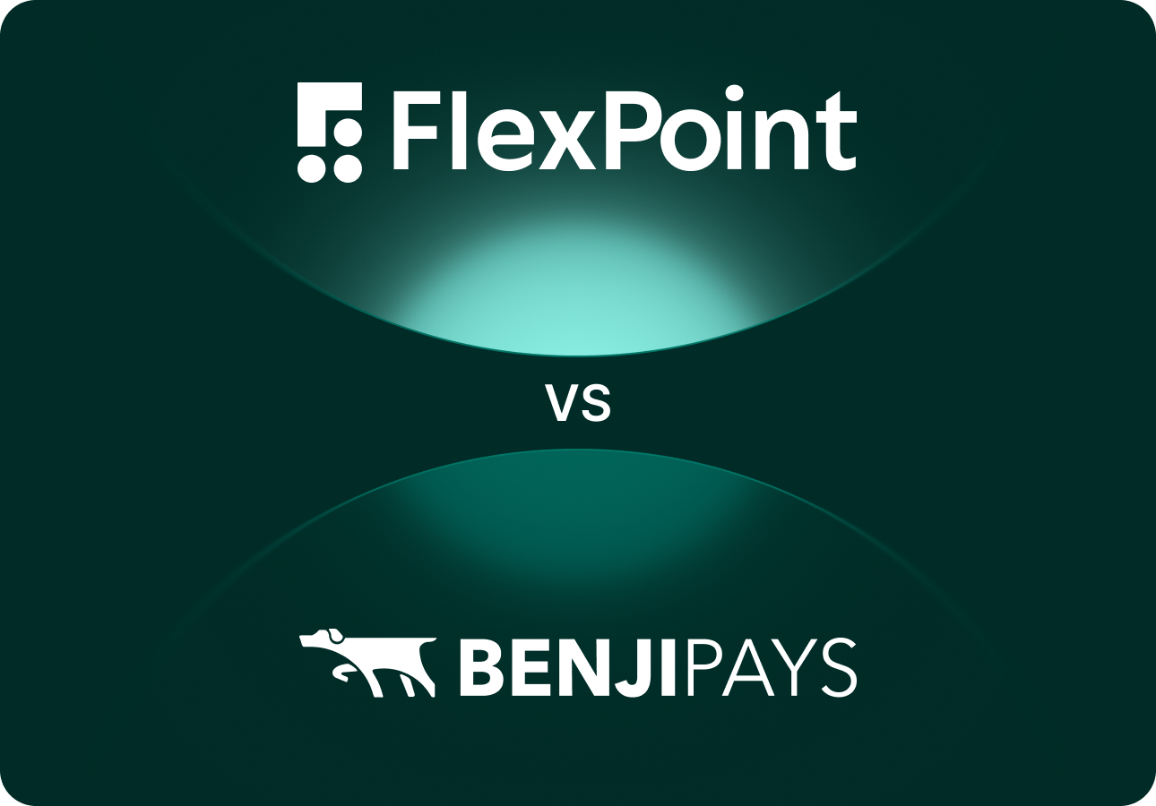 FlexPoint logo above versus BenjiPays logo with a dog icon on dark green background.