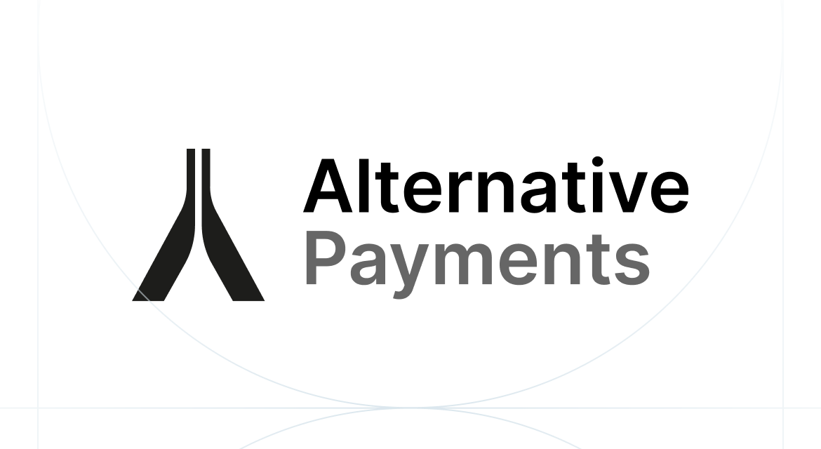 Logo with black abstract symbol and text Alternative Payments, black and gray on white background.