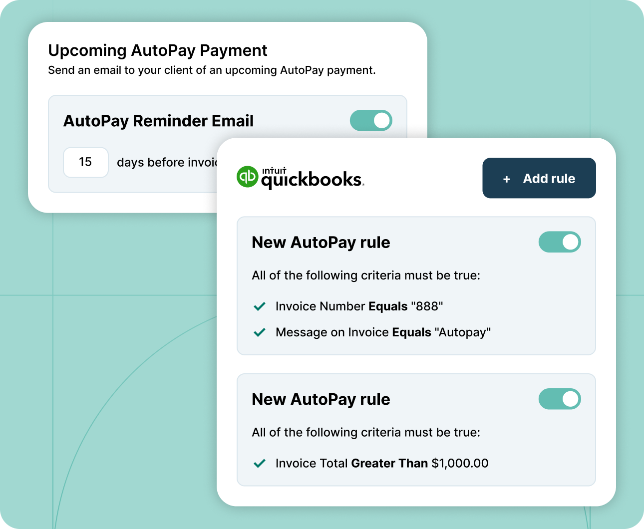 QuickBooks interface showing AutoPay rules and reminder email settings for invoices and payments.