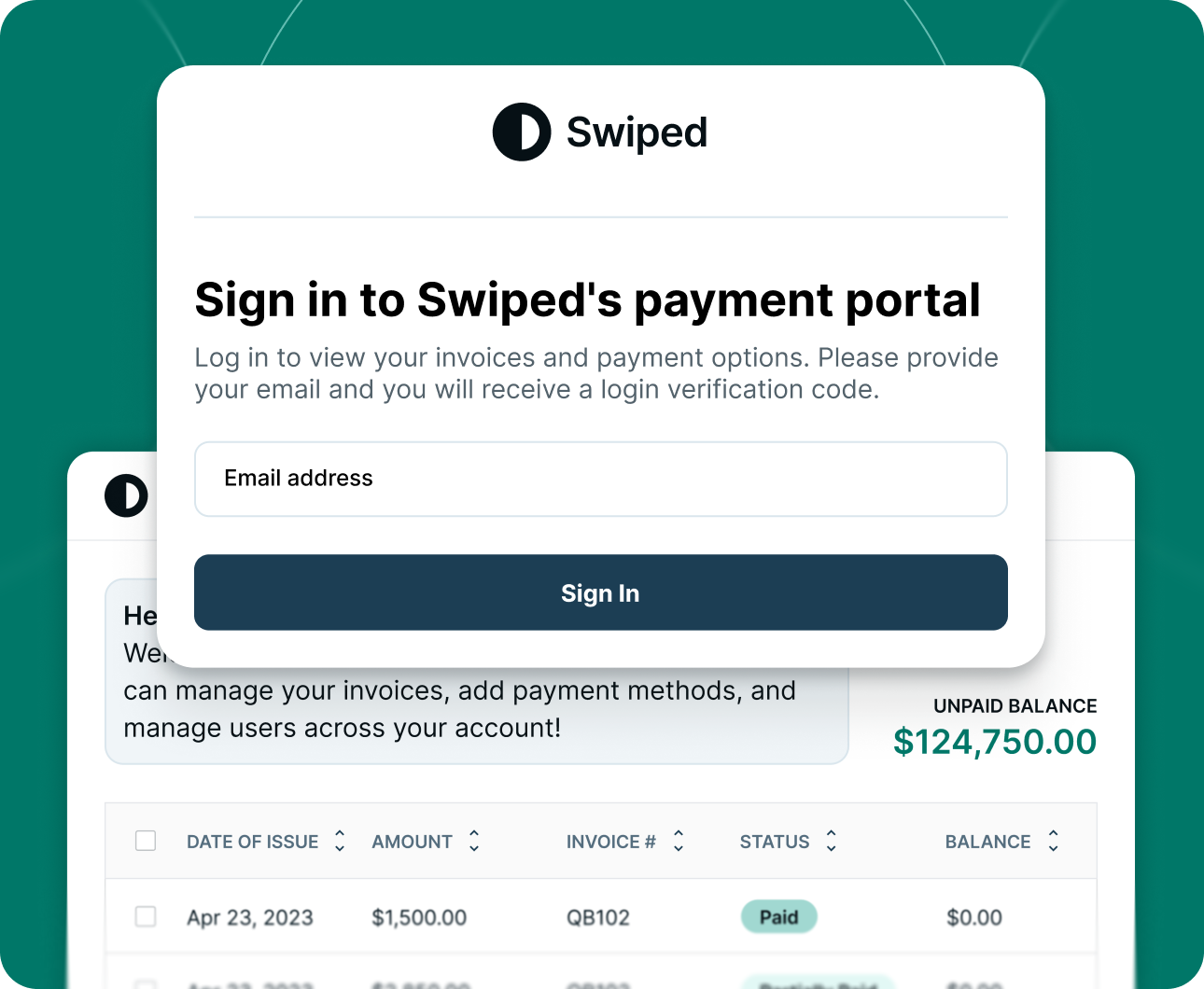 Sign-in screen for Swiped's payment portal requesting email to access invoices and payment options.