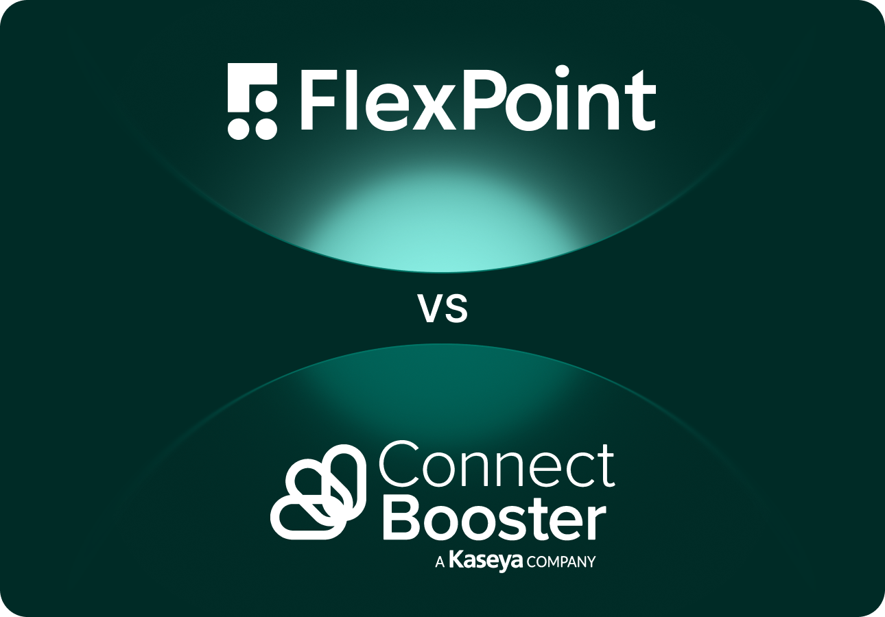 FlexPoint logo above versus ConnectBooster logo with Kaseya company on dark teal background.