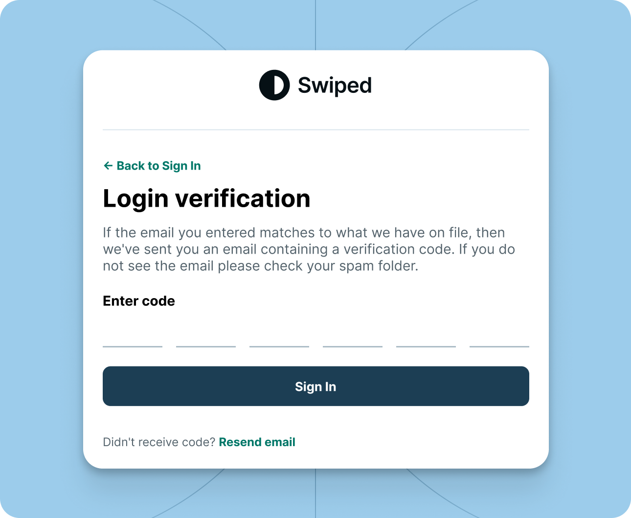 Swiped login verification page asking for a 6-digit code sent via email to sign in.