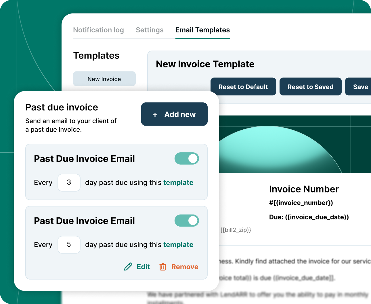 Email template settings for past due invoices with options to add, edit, remove, and reset templates.