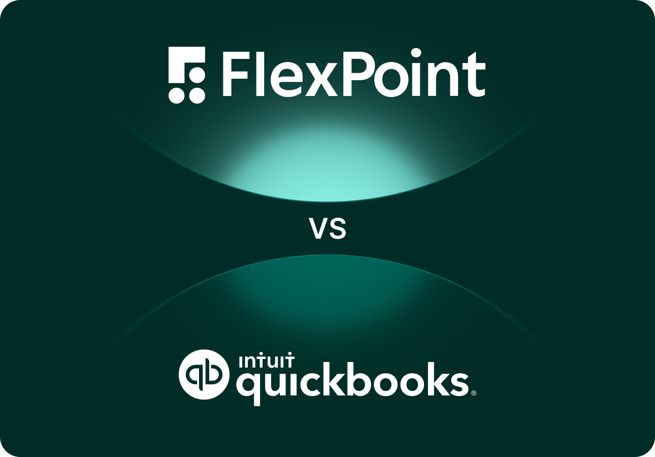 FlexPoint logo above versus text with Intuit QuickBooks logo below on a teal background.
