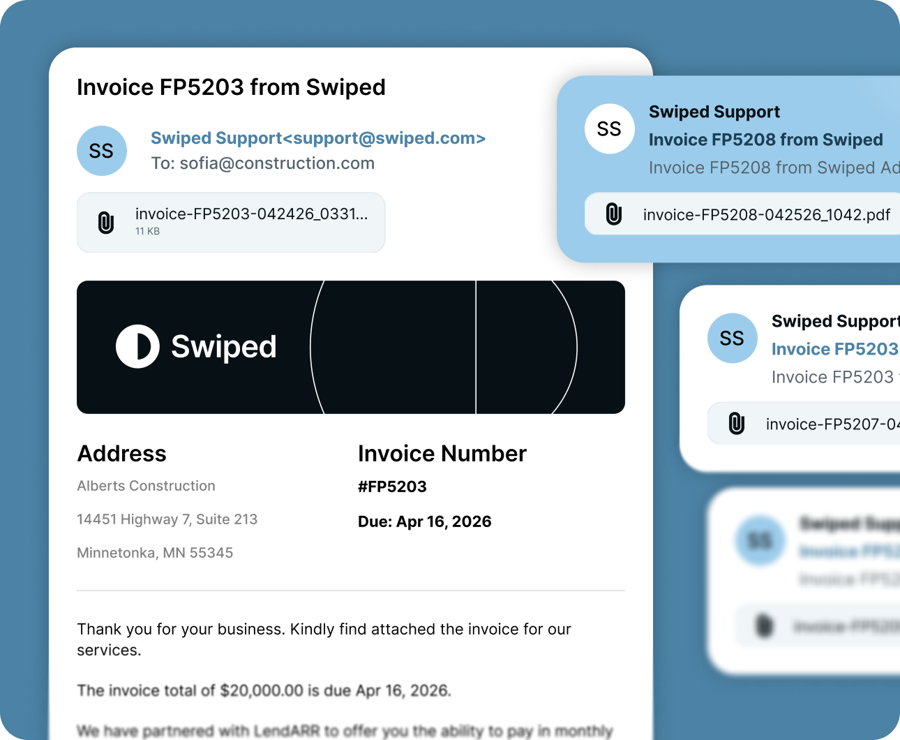Email invoice from Swiped Support to Sofia@construction.com for invoice FP5203 due April 16, 2026.